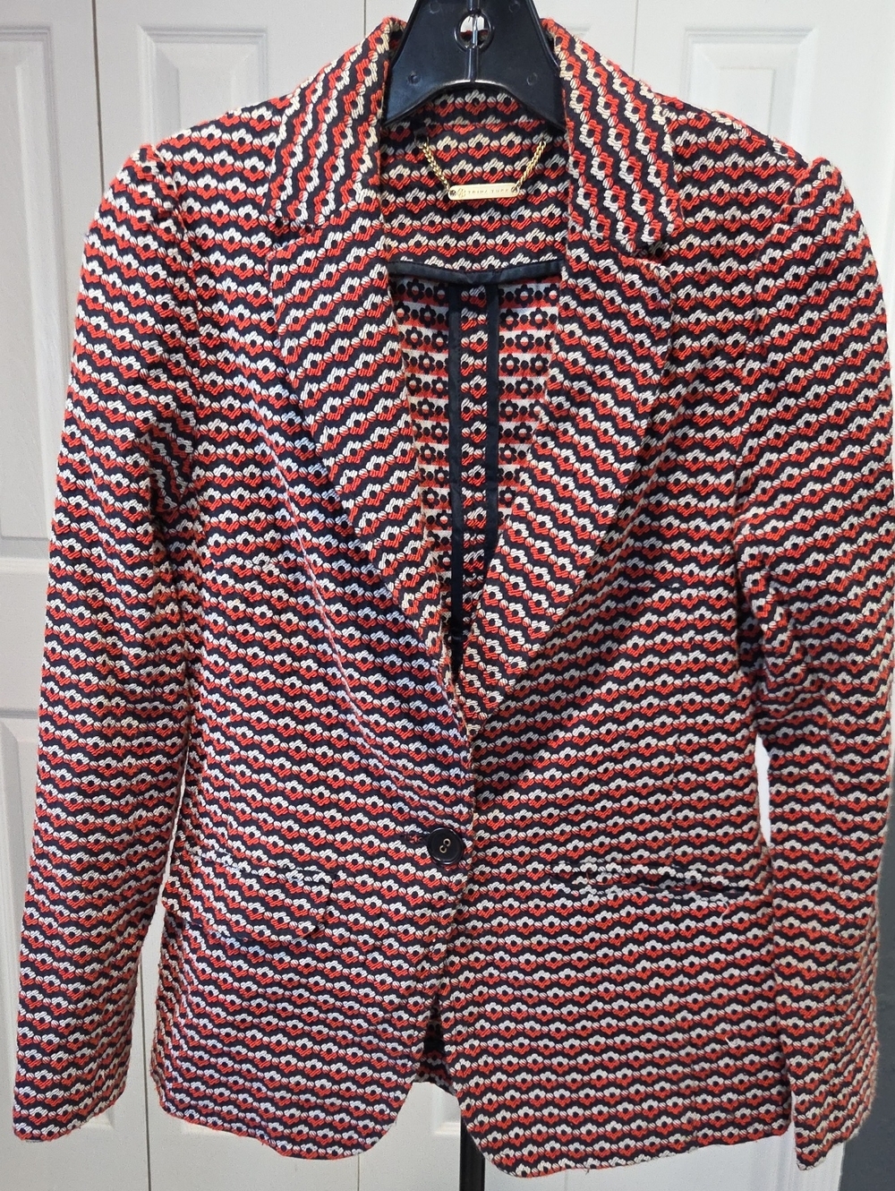 Sz 2 - Trina Turk Orange, Navy & White Patterned Knit Blazer